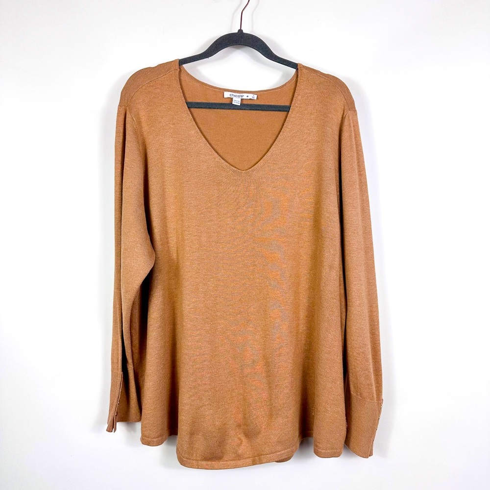 Chico's Camel V-Neck Sweater with Button Sleeve Detail